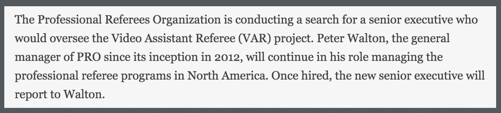 Déclaration de la Professional Referee Organization (PRO). Source : mlssoccer.com