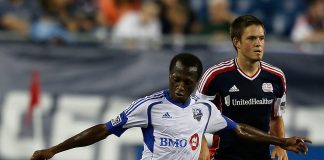 Montreal Impact @ New England Revolution: Survive the Month September FOXBORO, MA - AUGUST 12: Sanna Nyassi #11 of the Montreal Impact works his way around Kelyn Rowe #11 of the New England Revolution at Gillette Stadium on August 12, 2012 in Foxboro, Massachusetts. (Photo by Jim Rogash/Getty Images)